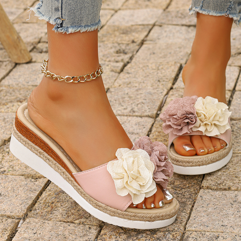 Women's Pink Flower Decor Plat – Wedge Espadrille Women recenzja i cena