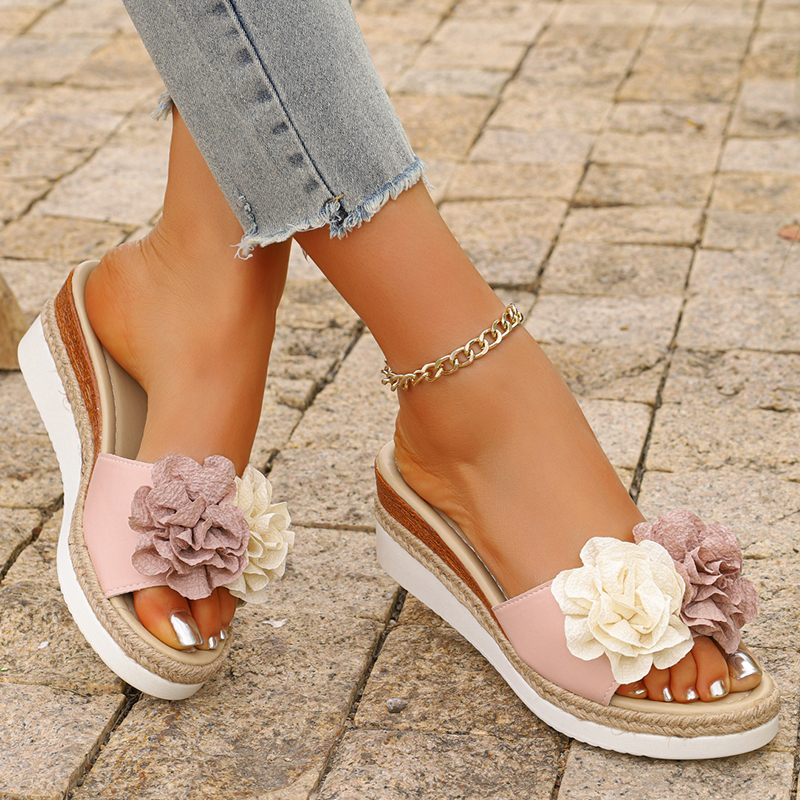 Women's Pink Flower Decor Plat – Wedge Espadrille Women recenzja i cena
