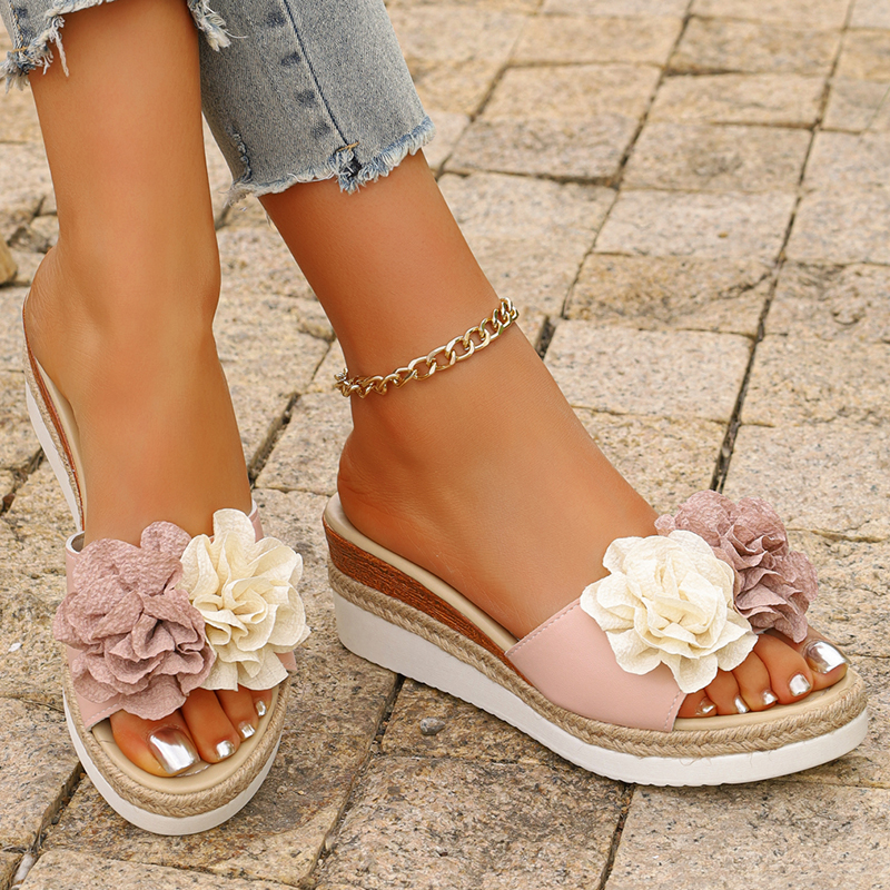Women's Pink Flower Decor Plat – Wedge Espadrille Women recenzja i cena