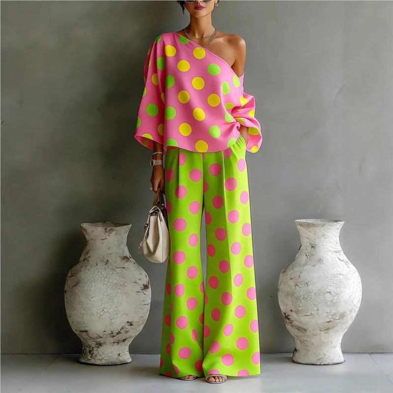 Women's Polka Dot 2 Piece Outf – Blouse Off Shoulder recenzja i cena