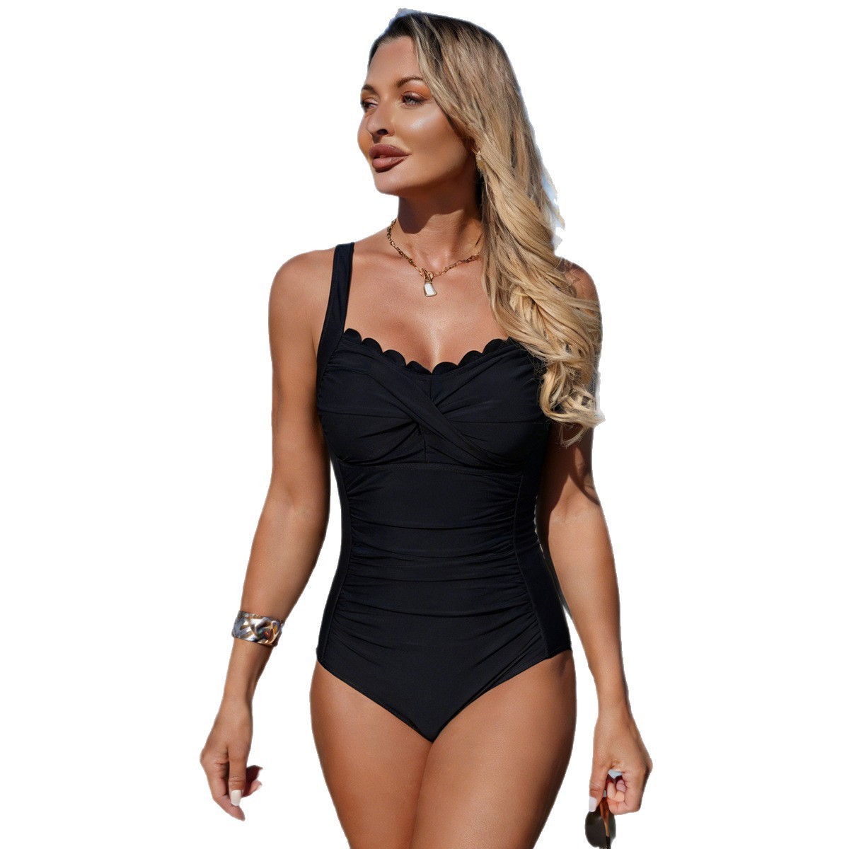 Black Swimsuit Scalloped Neckl – Swimsuit Bikini Ruched recenzja i cena