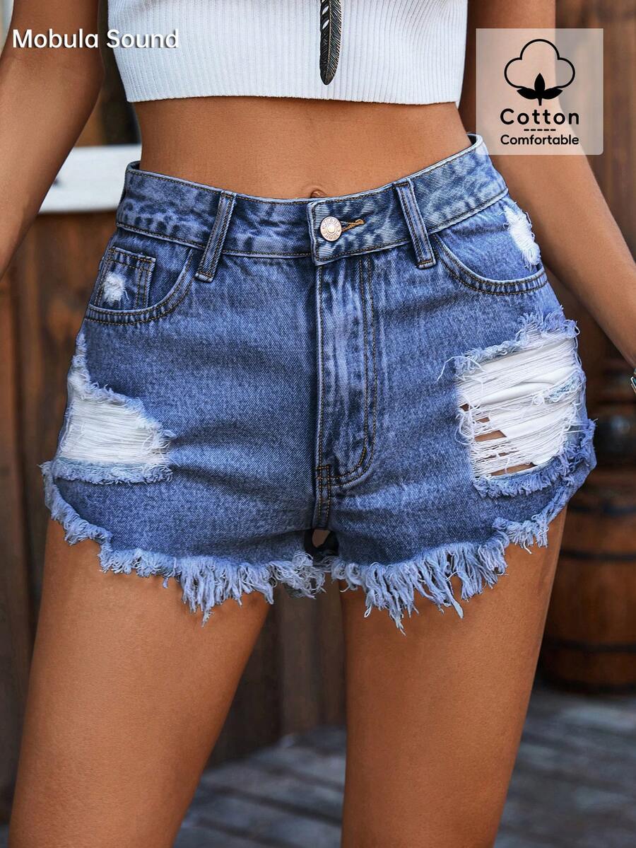 Ripped Denim Shorts High Waist – Shorts Denim Frayed recenzja i cena