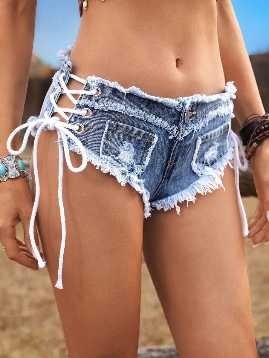Women Low Waist Frayed Criss-C – Shorts Denim Frayed recenzja i cena