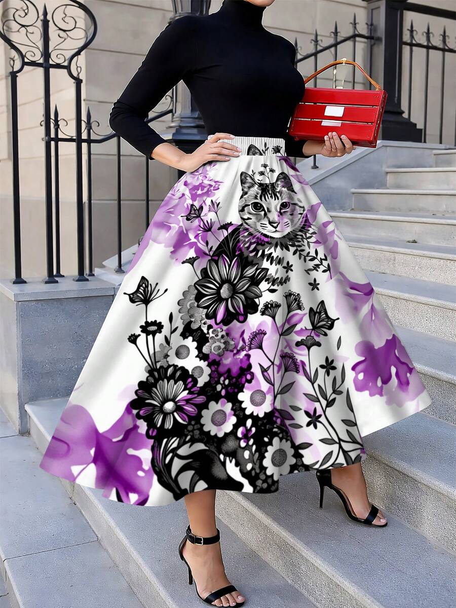 Oversized Floral Cat Print Mid – Midi Skirt Floral recenzja i cena