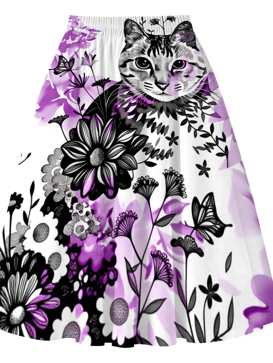 Oversized Floral Cat Print Mid – Midi Skirt Floral recenzja i cena