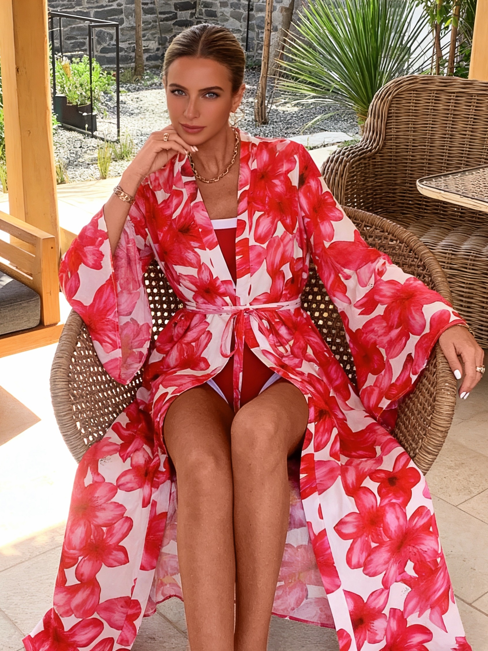 Women's Red Floral Kimono Robe – Kimono Sheer Floral recenzja i cena
