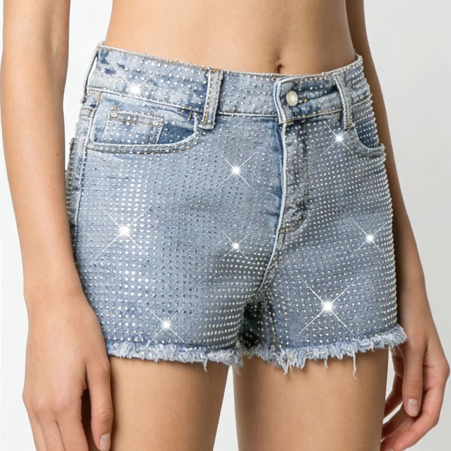 2026 New Full-Bejeweled Elasti – Shorts Denim Frayed recenzja i cena