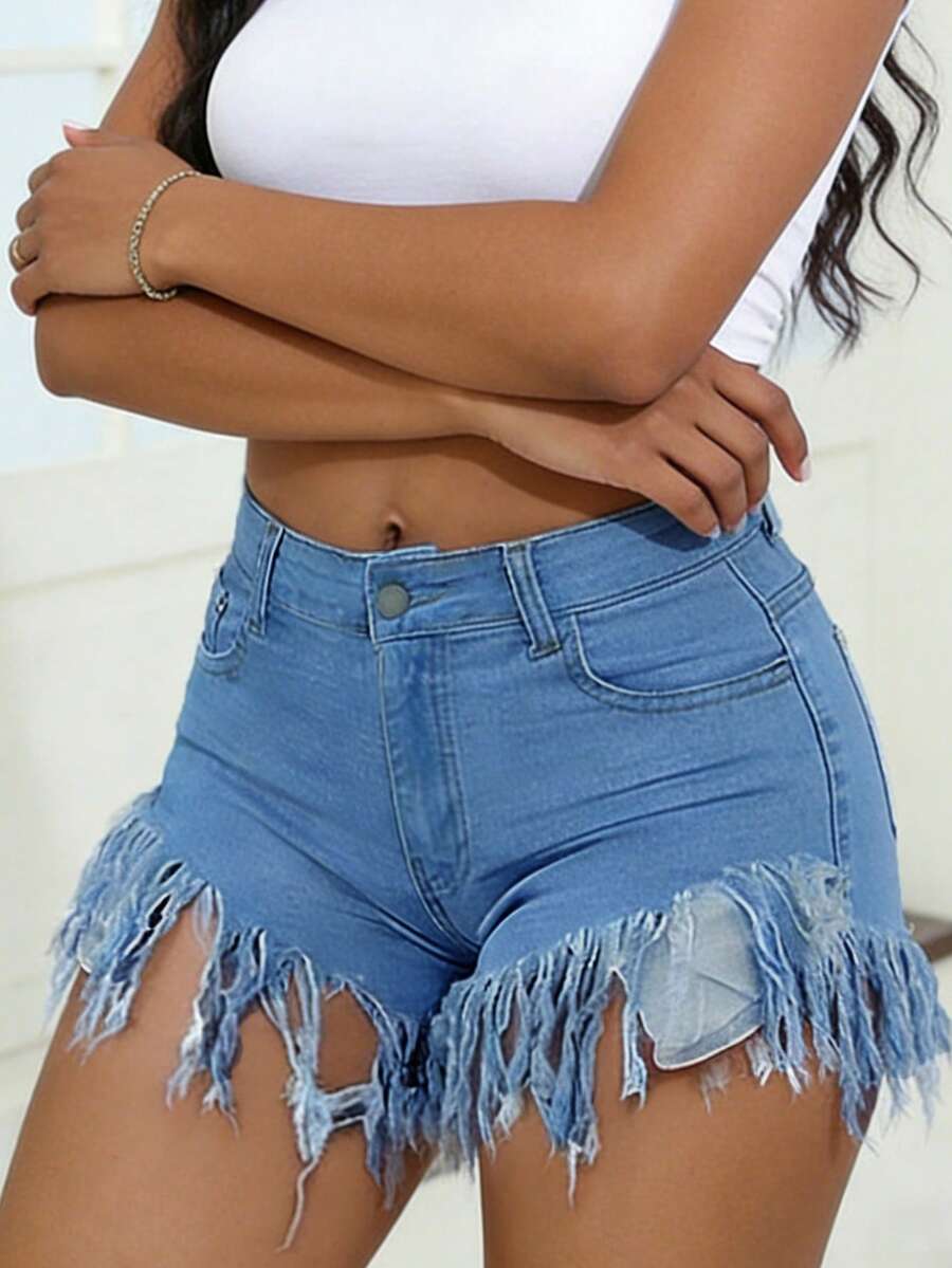 Distressed Frayed Hem Denim Sh – Shorts Denim Frayed recenzja i cena