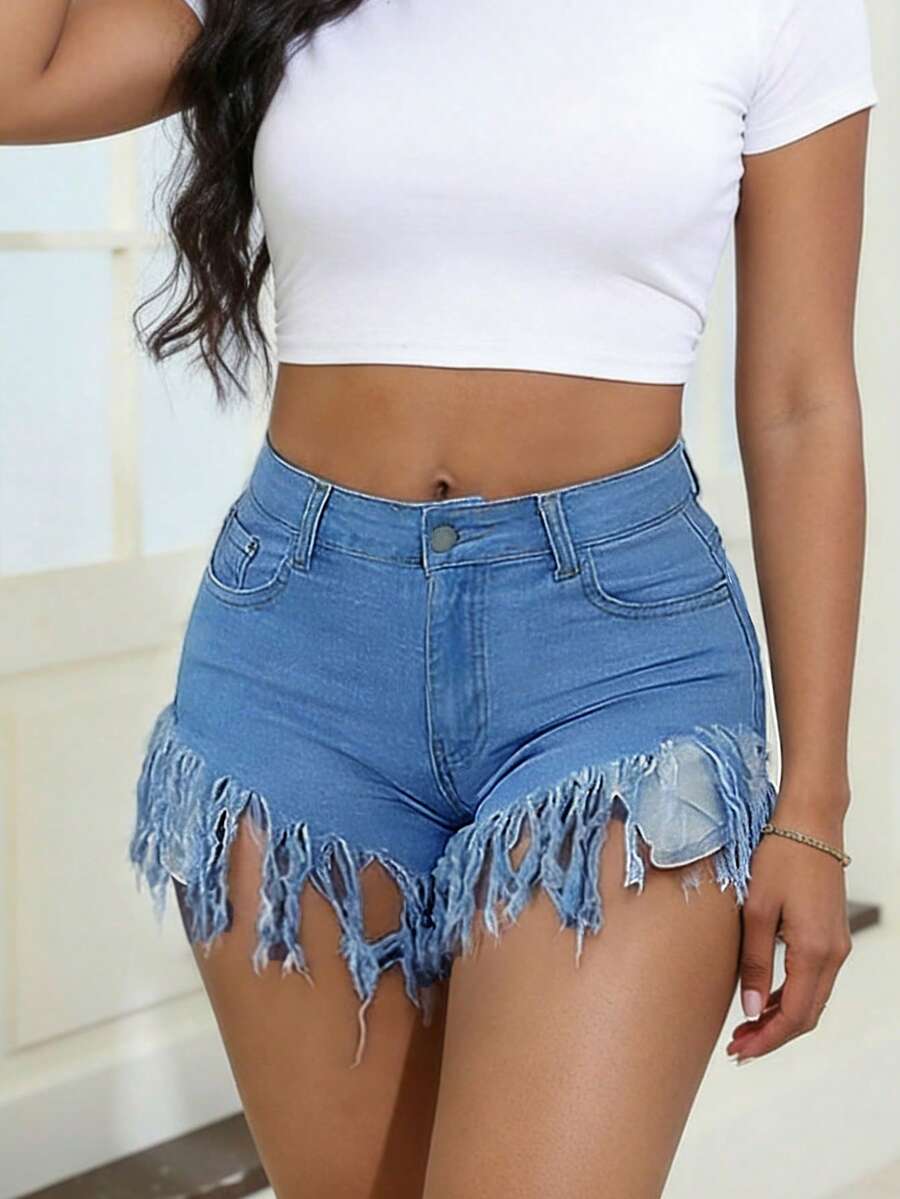 Distressed Frayed Hem Denim Sh – Shorts Denim Frayed recenzja i cena