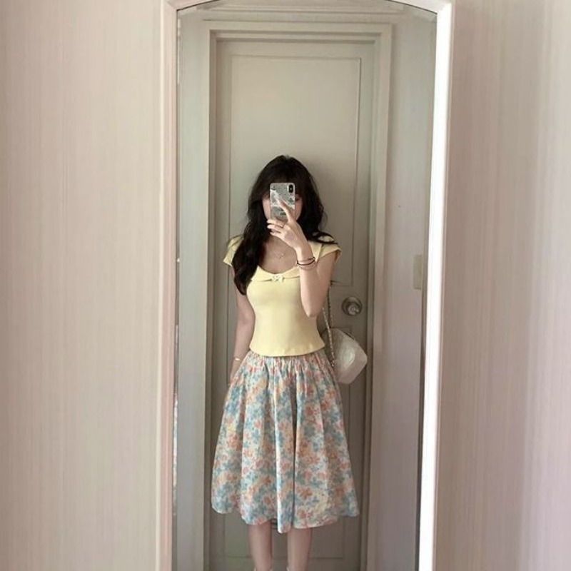 Women 2 Piece Set Bow Top And  – Midi Skirt Floral recenzja i cena