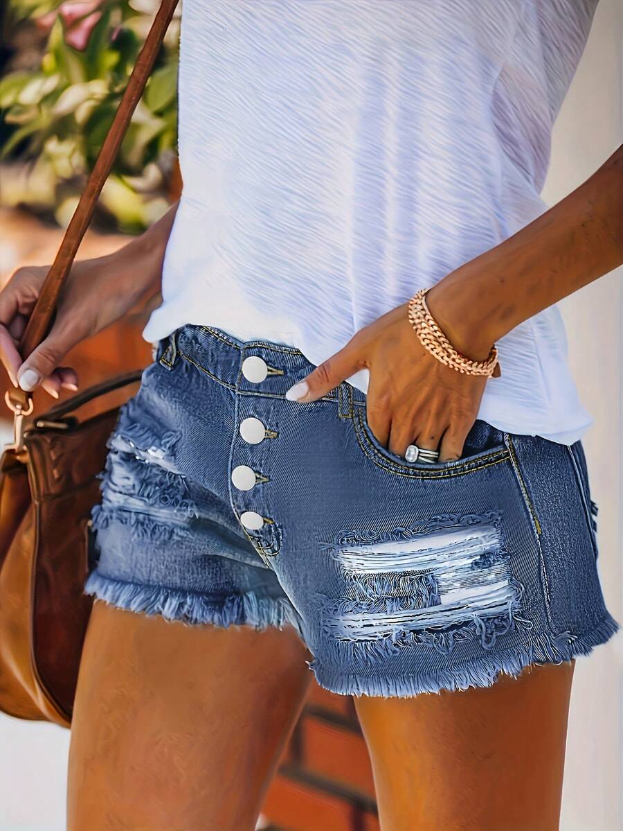 Womens Buttoned Distressed Den – Shorts Denim Frayed recenzja i cena