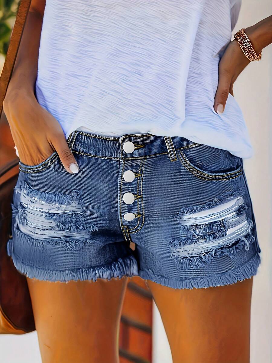 Womens Buttoned Distressed Den – Shorts Denim Frayed recenzja i cena